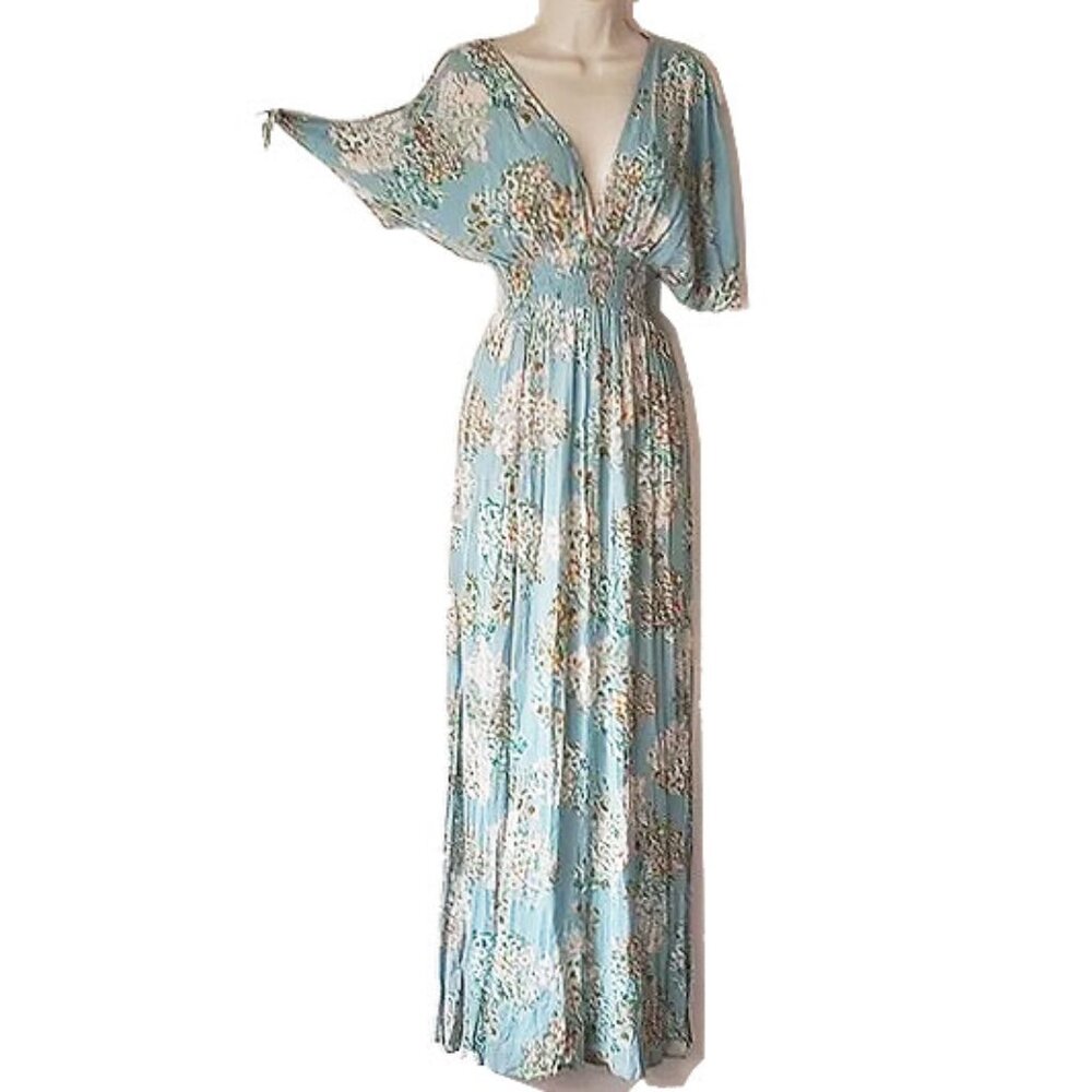 Lovestitch Open Shoulder Smocked Waist Plunge Maxi Dress S Blue Floral   50OFF3